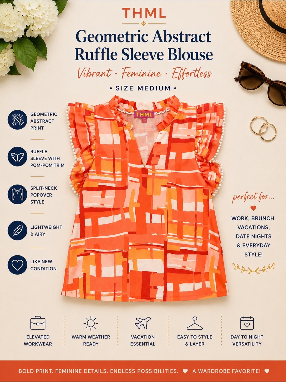 THML Women’s Geometric Print Ruffle Sleeve Blouse Orange M